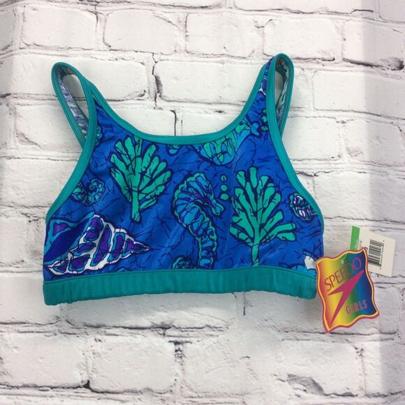Speedo Girls Bikini Swim Top Sz 12 Crop Blue & Green Ocean Beach Print Bralette - Picture 1 of 4